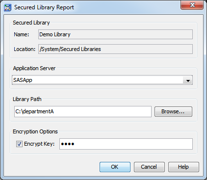 the secured library report dialog box