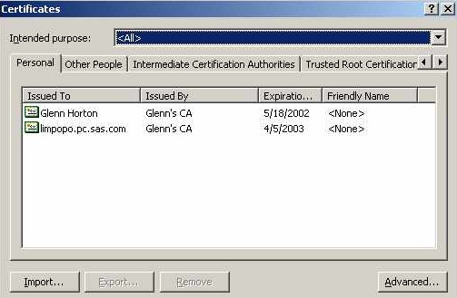 Digital Certificate Selections for a Personal Certificate Store in Windows