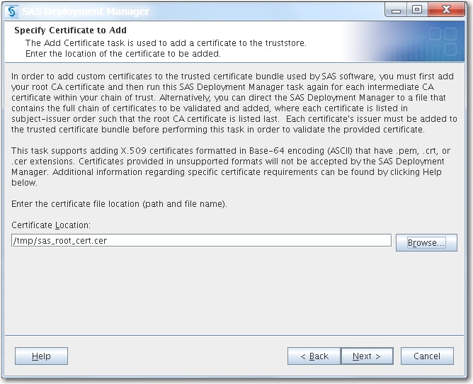 Specify Certificate to Add page