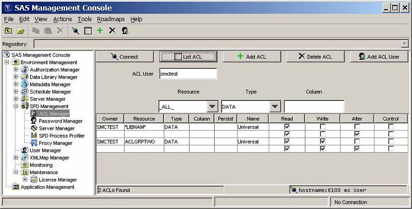 Display of defined resources in the SPD Server ACL Manager after clicking the List button.