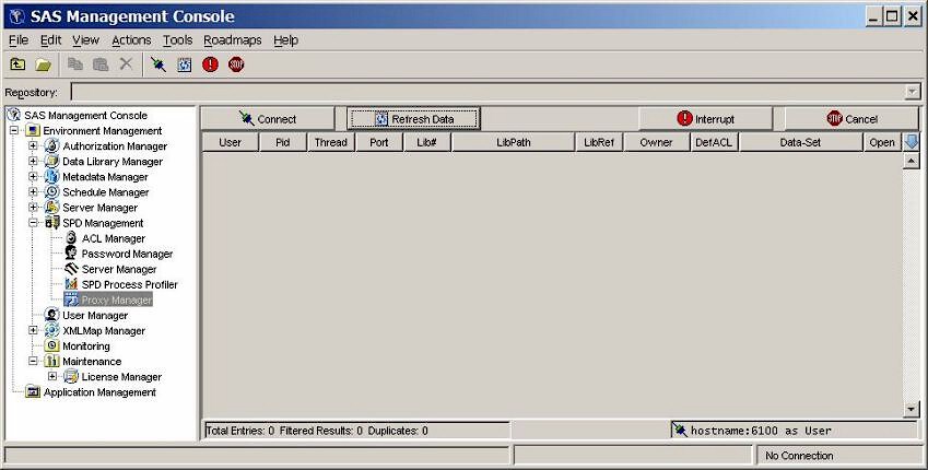 View of Proxy Manager panel after connecting to an SPD Server host.