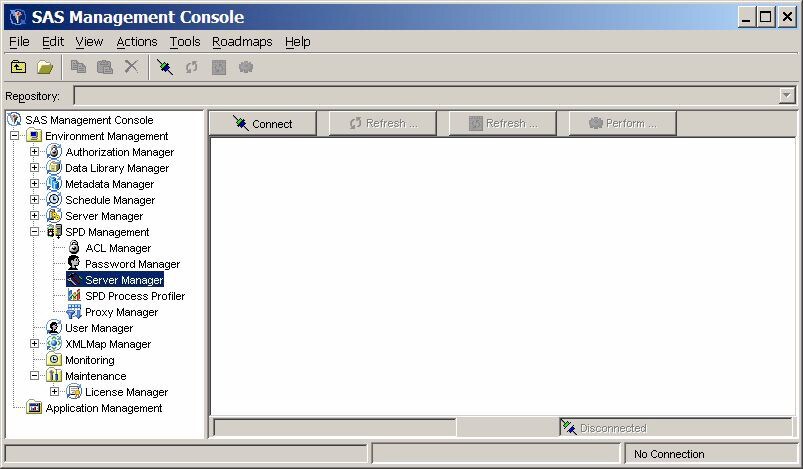 View of the unconnected SPD Server Manager in the SPD Server Management folder in SAS Management Console.