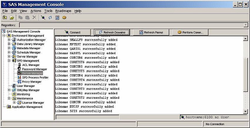 The SPD Server Manager window after clicking the Refresh Domains button.