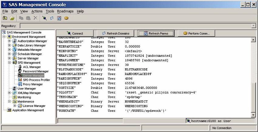 The SPD Server Manager window after clicking the Refresh Parms button.