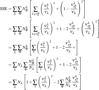 \begin{align*}  \mathrm{SSE} & = \sum _\lambda \sum _\Phi N_\Phi ^\lambda \left[ \sum _{\tau \ne \tau _\pi ^\Phi } \left( \frac{\nu _{\tau }^\lambda }{\nu _\lambda } \right)^2 + \left(1 - \frac{\nu _{\tau _\pi ^\Phi }^\lambda }{\nu _\lambda } \right)^2 \right] \\ & = \sum _\lambda \sum _\Phi N_\Phi ^\lambda \left[ \sum _{\tau \ne \tau _\pi ^\Phi } \left( \frac{\nu _{\tau }^\lambda }{\nu _\lambda } \right)^2 + 1 -2 \frac{\nu _{\tau _\pi ^\Phi }^\lambda }{\nu _\lambda } + \left( \frac{\nu _{\tau _\pi ^\Phi }^\lambda }{\nu _\lambda } \right)^2 \right] \\ & = \sum _\lambda \sum _\Phi N_\Phi ^\lambda \left[ \sum _{\tau } \left( \frac{\nu _{\tau }^\lambda }{\nu _\lambda } \right)^2 + 1 -2 \frac{\nu _{\tau _\pi ^\Phi }^\lambda }{\nu _\lambda } + \right] \\ & = \sum _\lambda N_\lambda \sum _\Phi \frac{N_\Phi ^\lambda }{N_\lambda } \left[ \sum _{\tau } \left( \frac{\nu _{\tau }^\lambda }{\nu _\lambda } \right)^2 + 1 -2 \frac{\nu _{\tau _\pi ^\Phi }^\lambda }{\nu _\lambda } \right] \\ & = \sum _\lambda N_\lambda \left[ 1 + \sum _{\tau } \left( \frac{\nu _{\tau }^\lambda }{\nu _\lambda } \right)^2 -2 \sum _\Phi \frac{N_\Phi ^\lambda }{N_\lambda } \frac{\nu _{\tau _\pi ^\Phi }^\lambda }{\nu _\lambda } \right] \end{align*}