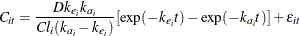 \[  C_{it} = \frac{D k_{e_ i} k_{a_ i}}{Cl_ i(k_{a_ i} - k_{e_ i})} [\exp (-k_{e_ i} t) - \exp (-k_{a_ i} t)] + \epsilon _{it}  \]