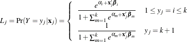 \[  L_ j = {\Pr }({Y}=y_ j|\mb {x}_ j) = \left\{ \begin{array}{ll} \displaystyle \frac{{e}^{\alpha _{i}+\mb {x}_ j\bbeta _{i}}}{1+\sum _{m=1}^{k} {e}^{\alpha _{m}+\mb {x}_ j \bbeta _{m}}} &  1\le y_ j=i\le k \\ \displaystyle \rule{0mm}{1.5em}\frac{1}{1+\sum _{m=1}^{k} {e}^{\alpha _{m}+\mb {x}_ j \bbeta _{m}}} &  y_ j=k+1 \end{array} \right.  \]