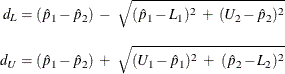 \begin{eqnarray*}  d_ L = (\hat{p}_1 - \hat{p}_2) ~  - ~  \sqrt { ( \hat{p}_1 - L_1 )^2 ~ +~  ( U_2 - \hat{p}_2 )^2 } \\[0.10in] d_ U = (\hat{p}_1 - \hat{p}_2) ~  + ~  \sqrt { ( U_1 - \hat{p}_1 )^2 ~ +~  ( \hat{p}_2 - L_2 )^2 } \end{eqnarray*}