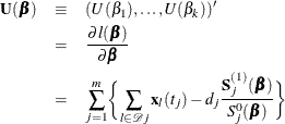 \begin{eqnarray*}  \mb {U}(\bbeta ) & \equiv &  (U(\beta _1), \ldots , U(\beta _ k))’ \\ & =&  \frac{\partial l(\bbeta )}{\partial \bbeta } \\ & =&  \sum _{j=1}^ m \biggl \{  \sum _{l \in \mc {D}j}\mb {x}_ l(t_ j) - d_ j \frac{\mb {S}_ j^{(1)}(\bbeta )}{S_ j^{0}(\bbeta )} \biggl \}  \end{eqnarray*}