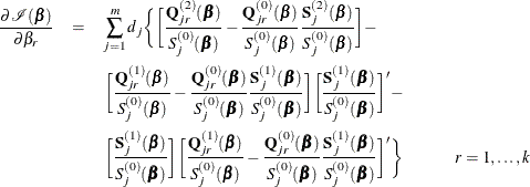 \begin{eqnarray*}  \frac{\partial \mc {I}(\bbeta )}{\partial \beta _ r} & =&  \sum _{j=1}^ m d_ j \biggl \{  \biggl [ \frac{\mb {Q}_{jr}^{(2)}(\bbeta )}{S_ j^{(0)}(\bbeta )} - \frac{\mb {Q}_{jr}^{(0)}(\bbeta )}{S_ j^{(0)}(\bbeta )} \frac{\mb {S}_{j}^{(2)}(\bbeta )}{S_ j^{(0)}(\bbeta )} \biggl ] - \\ & &  \biggl [ \frac{\mb {Q}_{jr}^{(1)}(\bbeta )}{S_ j^{(0)}(\bbeta )} - \frac{\mb {Q}_{jr}^{(0)}(\bbeta )}{S_ j^{(0)}(\bbeta )} \frac{\mb {S}_{j}^{(1)}(\bbeta )}{S_ j^{(0)}(\bbeta )} \biggl ] \biggl [\frac{\mb {S}_{j}^{(1)}(\bbeta )}{S_ j^{(0)}(\bbeta )} \biggl ]’ -\\ & &  \biggl [\frac{\mb {S}_{j}^{(1)}(\bbeta )}{S_ j^{(0)}(\bbeta )} \biggl ] \biggl [ \frac{\mb {Q}_{jr}^{(1)}(\bbeta )}{S_ j^{(0)}(\bbeta )} - \frac{\mb {Q}_{jr}^{(0)}(\bbeta )}{S_ j^{(0)}(\bbeta )} \frac{\mb {S}_{j}^{(1)}(\bbeta )}{S_ j^{(0)}(\bbeta )} \biggl ]’ \biggr \}  \hspace{1cm} r=1,\ldots ,k \end{eqnarray*}
