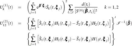 \begin{eqnarray*}  U^{(1)}_ k(t) & =&  \left( \sum _{j=1}^ n \mr {e}^{\bbeta \bxi _{j}} \hat{S}_ k(t,\bxi _{j}) \right)^2 \sum _{t_ i\leq t} \frac{d(t_ i)}{[S^{(0)}(\hat{\bbeta },t_ i)]^2} \mbox{~ ~ ~ } k=1,2 \\ U^{(2)}_{12}(t)& =&  \left\{ \sum _{j=1}^ n \left[\hat{S}_1(t,\bxi _{j})H_1(t,\bxi _{j})-\hat{S}_2(t,\bxi _{j})H_2(t,\bxi _{j}) \right] \right\} ^{\prime } \mc {I} ^{-1}(\hat{\bbeta }) \\ & &  \left\{ \sum _{j=1}^ n \left[\hat{S}_1(t,\bxi _{j})H_2(t,\bxi _{j})-\hat{S}_1(t,\bxi _{j})H(_2t,\bxi _{j}) \right] \right\}  \end{eqnarray*}