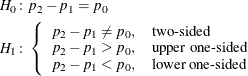 \begin{align*}  H_0\colon & p_2 - p_1 = p_0 \\ H_1\colon & \left\{  \begin{array}{ll} p_2 - p_1 \ne p_0, &  \mbox{two-sided} \\ p_2 - p_1 > p_0, &  \mbox{upper one-sided} \\ p_2 - p_1 < p_0, &  \mbox{lower one-sided} \\ \end{array} \right. \\ \end{align*}