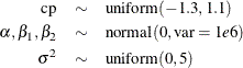 \begin{eqnarray*}  \mbox{cp} & \sim &  \mbox{uniform}(-1.3, 1.1) \\ \alpha , \beta _1, \beta _2 & \sim &  \mbox{normal}(0, \mbox{var} = 1e6) \\ \sigma ^2 & \sim &  \mbox{uniform}(0, 5) \end{eqnarray*}