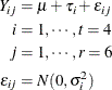 \begin{align*}  Y_{ij} & = \mu + \tau _ i + \epsilon _{ij} \\ i & = 1,\cdots ,t=4 \\ j & = 1,\cdots ,r=6 \\ \epsilon _{ij} & = N(0,\sigma ^2_ i) \end{align*}