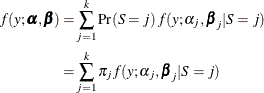 \begin{align*} f(y;\balpha ,\bbeta ) =& \sum _{j=1}^ k \Pr (S=j)\, f(y;\alpha _ j,\bbeta _ j|S=j)\\ =& \sum _{j=1}^ k \pi _ j f(y;\alpha _ j,\bbeta _ j|S=j) \end{align*}