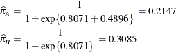 \begin{align*} \widehat{\pi }_{A} & = \frac{1}{1+\exp \{ 0.8071+0.4896\} } = 0.2147 \\ \widehat{\pi }_{B} & = \frac{1}{1+\exp \{ 0.8071\} } = 0.3085 \end{align*}