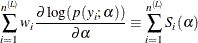 \[ \sum _{i=1}^{n^{(L)}} w_ i \frac{\partial \log (p(y_{i};\alpha ))}{\partial \alpha } \equiv \sum _{i=1}^{n^{(L)}} S_ i(\alpha ) \]