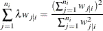 \[ \sum _{j=1}^{n_ i} \lambda w_{j|i} = \frac{(\sum _{j=1}^{n_ i} w_{j|i})^2}{\sum _{j=1}^{n_ i} w^2_{j|i} } \]