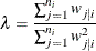 \[ \lambda = \frac{\sum _{j=1}^{n_ i} w_{j|i}}{\sum _{j=1}^{n_ i} w^2_{j|i}} \]