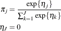 \begin{align*} \pi _ j & = \frac{ \exp \{ \eta _ j \} }{\sum _{k=1}^ J \exp \{ \eta _ k\} } \\ \eta _ J & = 0 \end{align*}