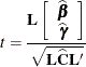 \[ t = \frac{\bL \left[\begin{array}{c} \widehat{\bbeta } \\ \widehat{\bgamma } \end{array} \right]}{\sqrt {\bL \widehat{\bC }\mb{L}’}} \]