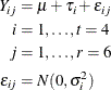 \begin{align*} Y_{ij} & = \mu + \tau _ i + \epsilon _{ij} \\ i & = 1,\ldots ,t=4 \\ j & = 1,\ldots ,r=6 \\ \epsilon _{ij} & = N(0,\sigma ^2_ i) \end{align*}