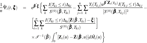 \begin{eqnarray*} \frac{1}{n}\hat{\Psi }_ i(t,\bxi ) & = & \mr{e}^{\hat{\bbeta }'\bxi } \biggl \{ \sum _ k \frac{I(T_{ki}\le t)\Delta _{ki}}{S^{(0)}(\hat{\bbeta },T_{ki})} - \sum _{j=1}^ n\sum _ k \frac{Y_ i(T_{kj}) \mr{e}^{\hat{\bbeta }'\bZ _ i(T_{kj})}I(T_{kj} \le t)\Delta _{kj}}{[S^{(0)}(\hat{\bbeta },T_{kj})]^2} - \\ & & \biggl [ \sum _{i=1}^ n \sum _ k \frac{I(T_{ki}\le t)\Delta _{ki} [\bar{\bZ }(\hat{\bbeta },T_{ki}) - \bxi ]}{S^{(0)}(\hat{\bbeta },T_{ki})} \biggr ] \\ & & \times \mc{I}^{-1}(\hat{\bbeta })\int _0^{\tau } [\bZ _ i(u) - \bar{\bZ }(\hat{\bbeta },u)]d\hat{M}_ i(u)\biggl \} \end{eqnarray*}