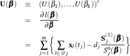 \begin{eqnarray*} \mb{U}(\bbeta ) & \equiv & (U(\beta _1), \ldots , U(\beta _ k))’ \\ & =& \frac{\partial l(\bbeta )}{\partial \bbeta } \\ & =& \sum _{j=1}^ m \biggl \{ \sum _{l \in \mc{D}j}\mb{x}_ l(t_ j) - d_ j \frac{\mb{S}_ j^{(1)}(\bbeta )}{S_ j^{0}(\bbeta )} \biggl \} \end{eqnarray*}