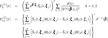 \begin{eqnarray*} U^{(1)}_ k(t) & =& \left( \sum _{j=1}^ n \mr{e}^{\bbeta '\bxi _{j}} \hat{S}_ k(t,\bxi _{j}) \right)^2 \sum _{t_ i\leq t} \frac{d(t_ i)}{[S^{(0)}(\hat{\bbeta },t_ i)]^2} \mbox{~ ~ ~ } k=1,2 \\ U^{(2)}_{12}(t)& =& \left\{ \sum _{j=1}^ n \left[\hat{S}_1(t,\bxi _{j})H_1(t,\bxi _{j})-\hat{S}_2(t,\bxi _{j})H_2(t,\bxi _{j}) \right] \right\} ^{\prime } \mc{I} ^{-1}(\hat{\bbeta }) \\ & & \left\{ \sum _{j=1}^ n \left[\hat{S}_1(t,\bxi _{j})H_2(t,\bxi _{j})-\hat{S}_1(t,\bxi _{j})H(_2t,\bxi _{j}) \right] \right\} \end{eqnarray*}