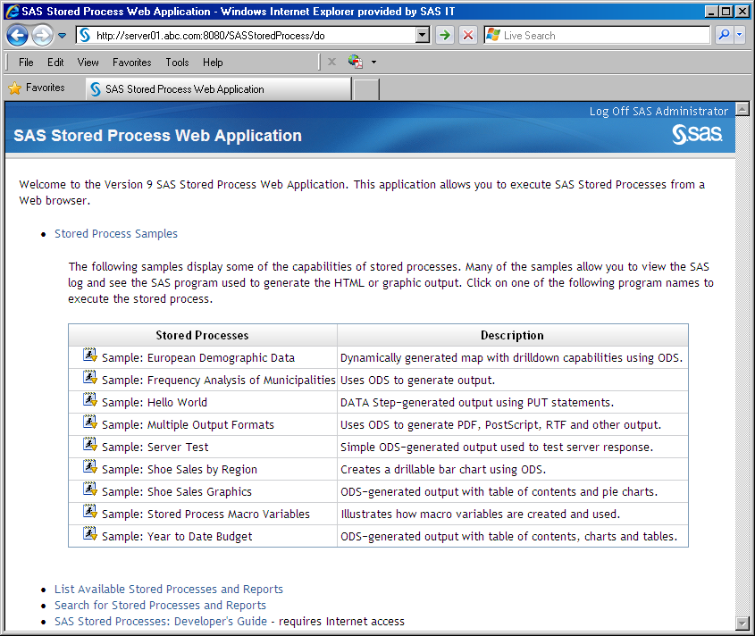 Stored Process Web Application welcome page