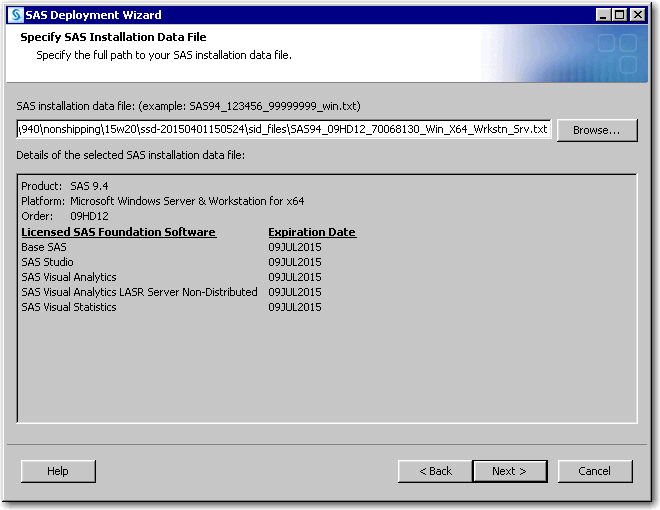 Specify SAS Installation Data File page