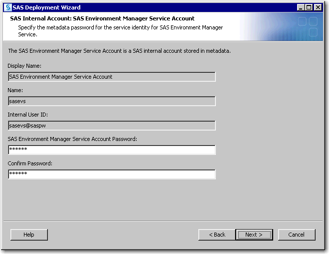 SAS Internal Account: SAS Environment Manager Service Account page