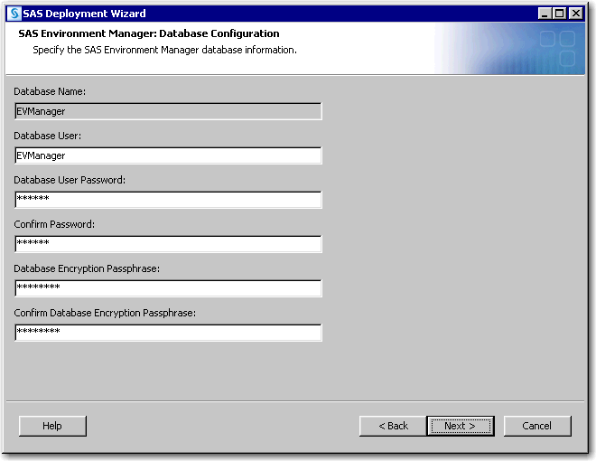 SAS Environment Manager: Database Configuration page