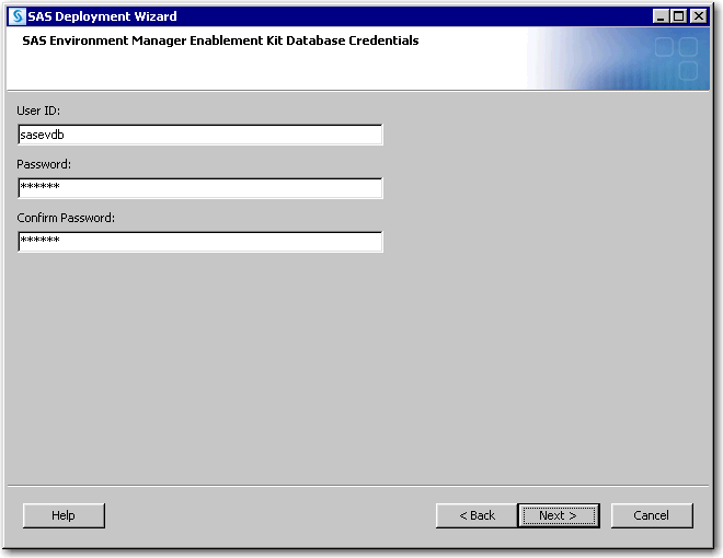 SAS Environment Manager Enablement Kit Database Credentials page