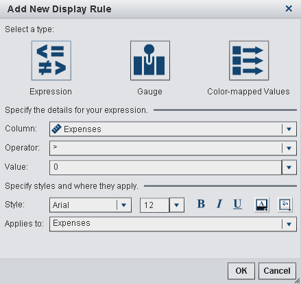 Add New Display Rule Window for an Expression