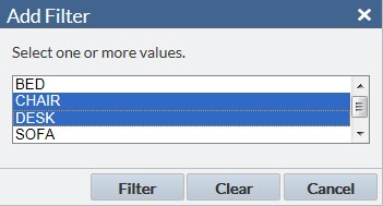 Example of the Add Filter Window for a Character Column