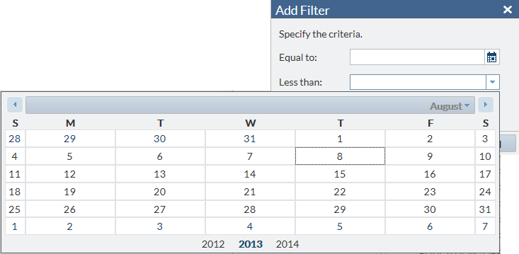 Example of the Add Filter Window for a Date Column