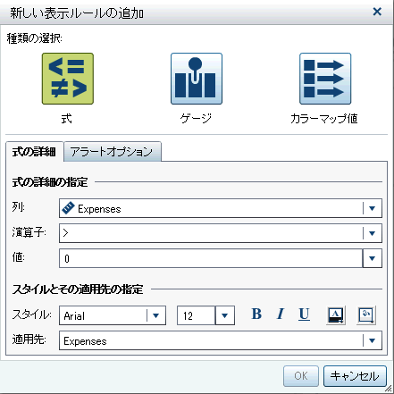 式に関する新しい表示ルールの追加ウィンドウ