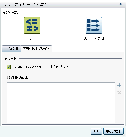 アラートを表示する式に関する新しい表示ルールの追加ウィンドウ