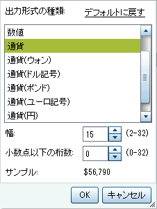 数値データアイテムで利用可能な出力形式