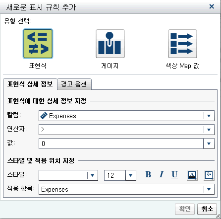 표현식에 대한 새로운 표시 규칙 추가 창