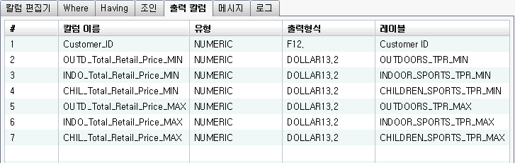 피벗 기준 값이 있는 출력 칼럼 탭