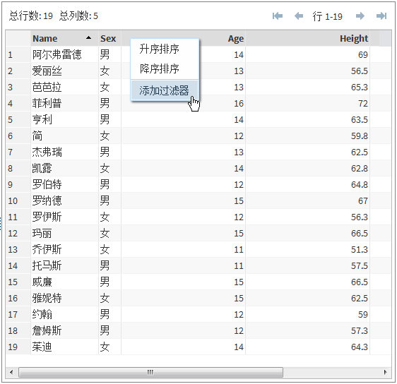 用于添加过滤器的弹出式菜单