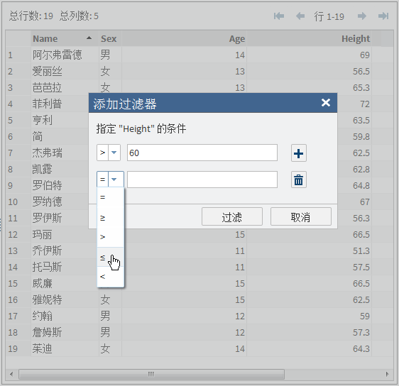 数值列的添加过滤器窗口的示例