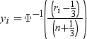 y sub i , equals , cap phi super negative 1 end super , open . fraction open , r sub i , minus , 1 third , close , over open n plus , 1 third , close end fraction . close. 点击备用格式的图像。