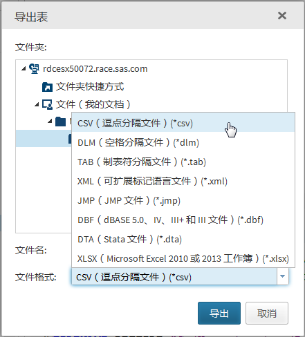 包含文件格式的导出表窗口