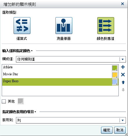 顏色對應值的 [增加新的顯示規則] 視窗