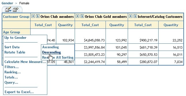 Table showing menu for Age Group with Sort Data Descending highlighted