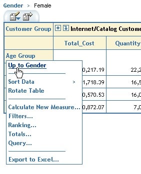 Table showing menu for Age Group with Up to Gender highlighted