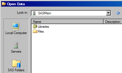Open from SAS Servers window with Local server selected